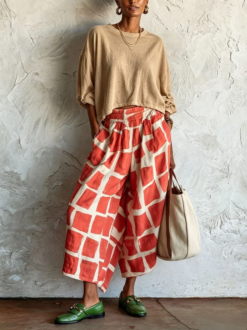 Damen Weite Culotte-Hose aus Leinenmix mit elastischem Bund und grafischem Print Nord Taschen