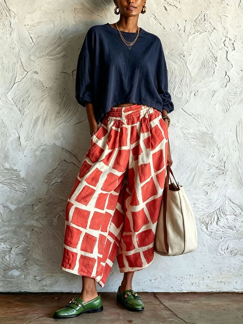 Damen Weite Culotte-Hose aus Leinenmix mit elastischem Bund und grafischem Print Nord Taschen