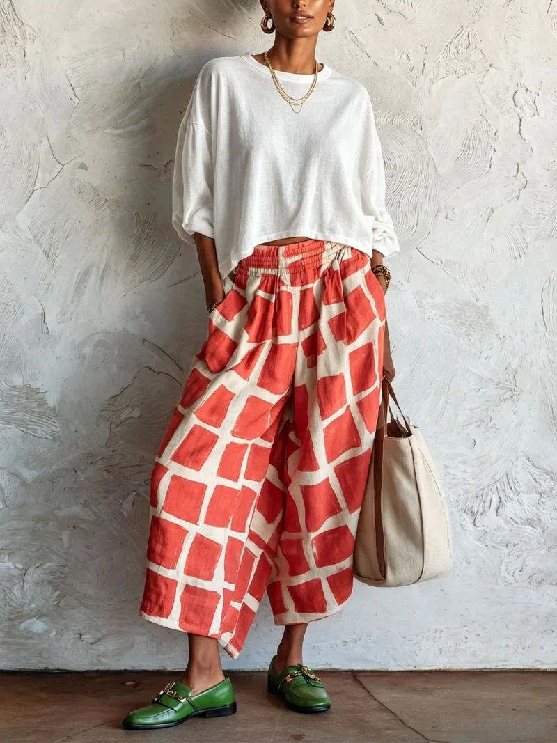 Damen Weite Culotte-Hose aus Leinenmix mit elastischem Bund und grafischem Print Nord Taschen