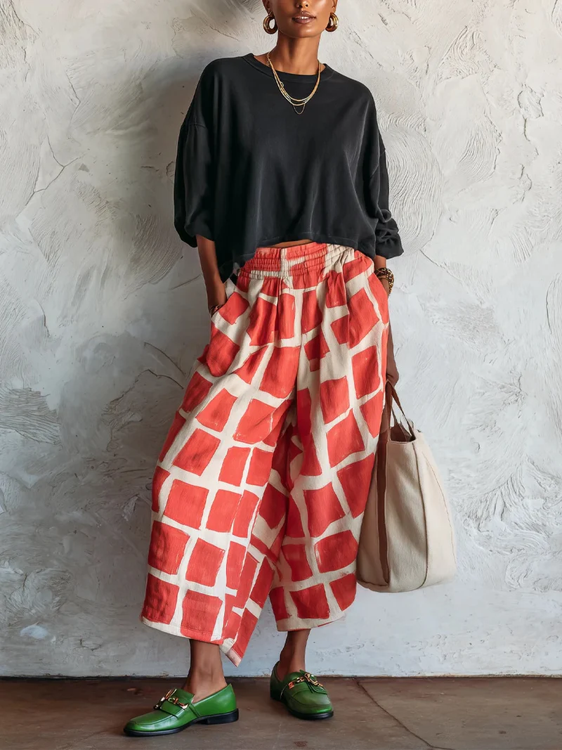 Damen Weite Culotte-Hose aus Leinenmix mit elastischem Bund und grafischem Print Nord Taschen