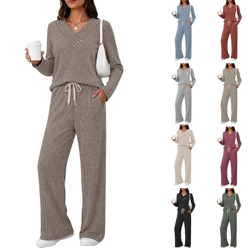 Damen Weiches Rippstrick-Lounge-Set mit V-Ausschnitt und Kordelbund Nord Taschen