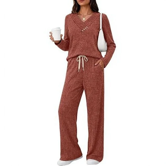 Damen Weiches Rippstrick-Lounge-Set mit V-Ausschnitt und Kordelbund Nord Taschen