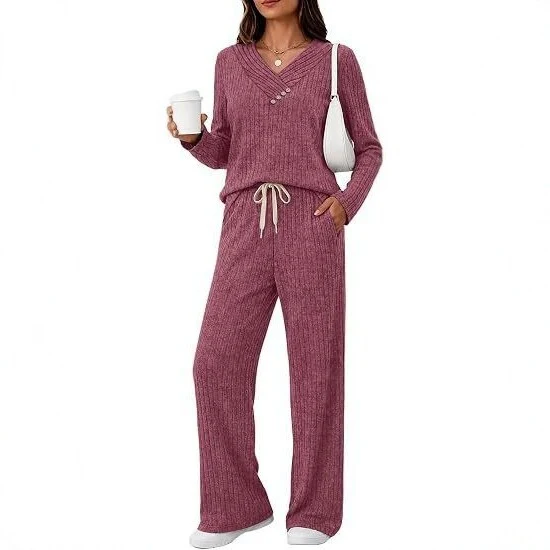 Damen Weiches Rippstrick-Lounge-Set mit V-Ausschnitt und Kordelbund Nord Taschen