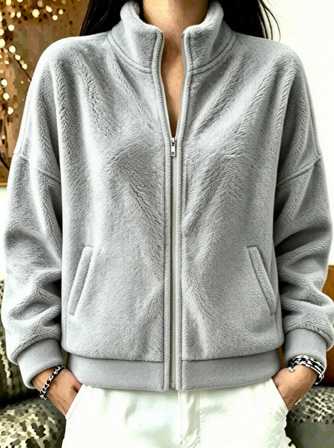 Damen Weiche Fleece-Kurzjacke mit Stehkragen, Eingrifftaschen und überschnittener Schulter Nord Taschen