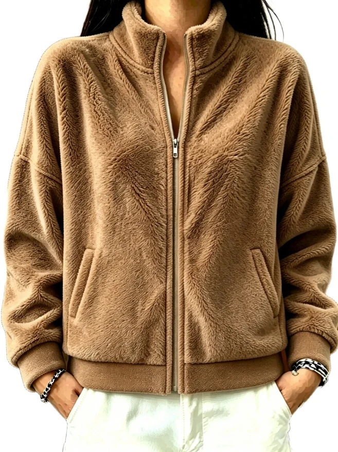 Damen Weiche Fleece-Kurzjacke mit Stehkragen, Eingrifftaschen und überschnittener Schulter Nord Taschen