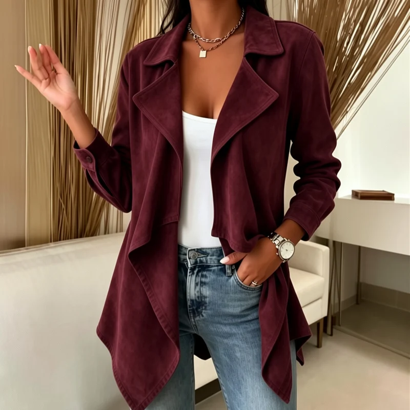 Damen Wasserfalljacke aus Veloursimitat mit asymmetrischem Saum Nord Taschen