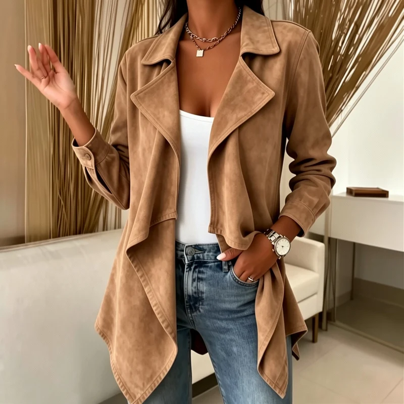 Damen Wasserfalljacke aus Veloursimitat mit asymmetrischem Saum Nord Taschen