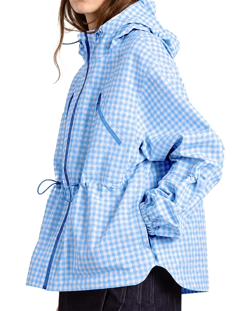 Damen Wasserabweisende Oversize Kapuzenjacke im Karomuster mit Taillen-Zugband Nord Taschen