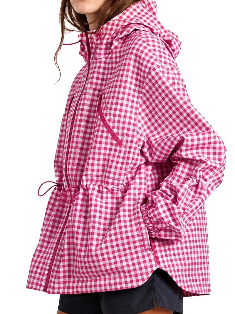 Damen Wasserabweisende Oversize Kapuzenjacke im Karomuster mit Taillen-Zugband Nord Taschen