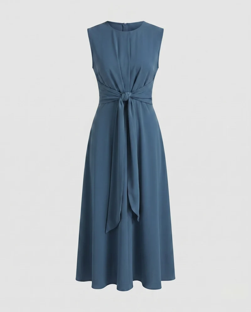 Damen Moderne Vorderliches Knotendetail Mischgewebe Midaxikleid