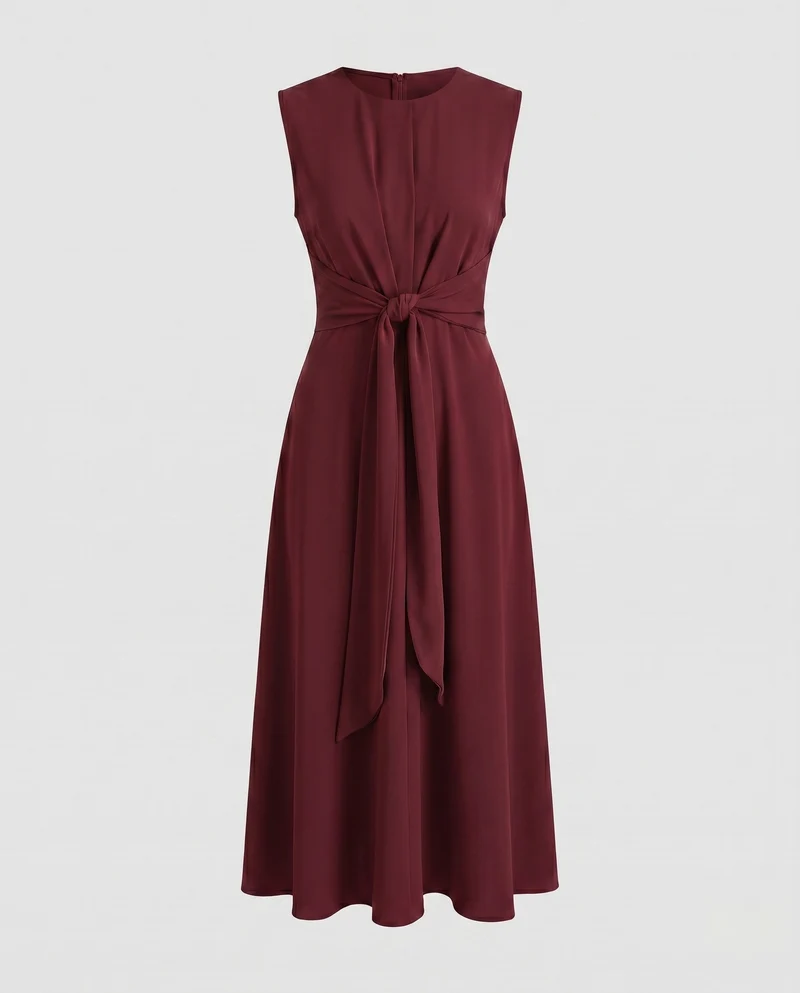 Damen Moderne Vorderliches Knotendetail Mischgewebe Midaxikleid