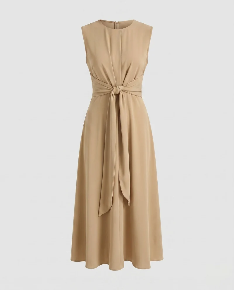Damen Moderne Vorderliches Knotendetail Mischgewebe Midaxikleid
