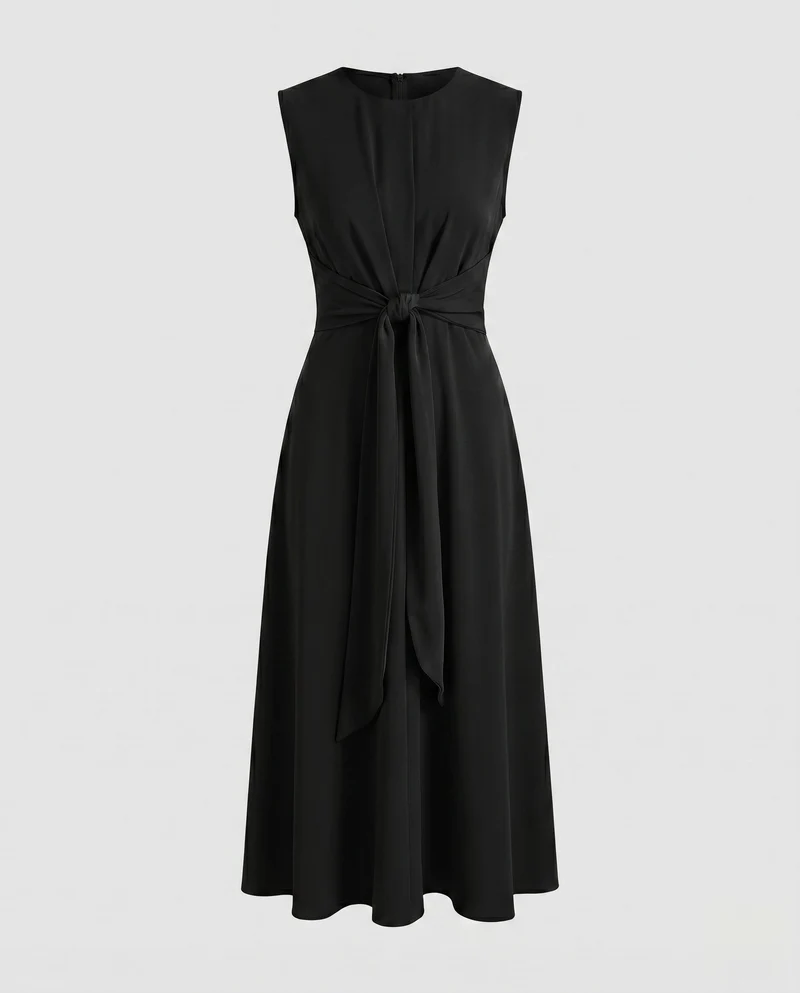 Damen Moderne Vorderliches Knotendetail Mischgewebe Midaxikleid