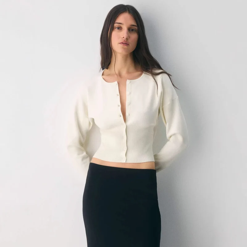 Damen Cropped Strickjacke mit Knopfleiste und Rippstrick