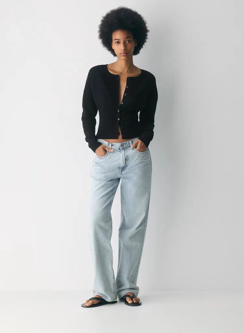 Damen Cropped Strickjacke mit Knopfleiste und Rippstrick