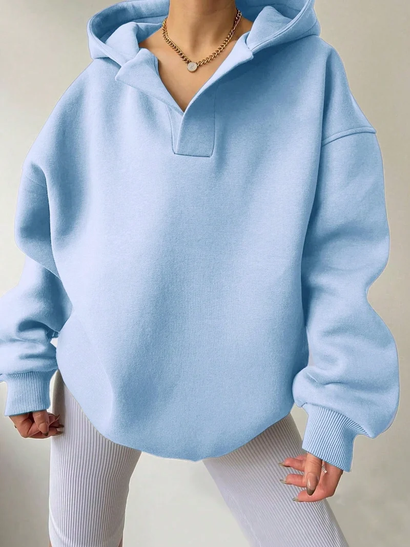 Damen Kapuzensweater mit übergroßem Schnitt und V-Ausschnitt