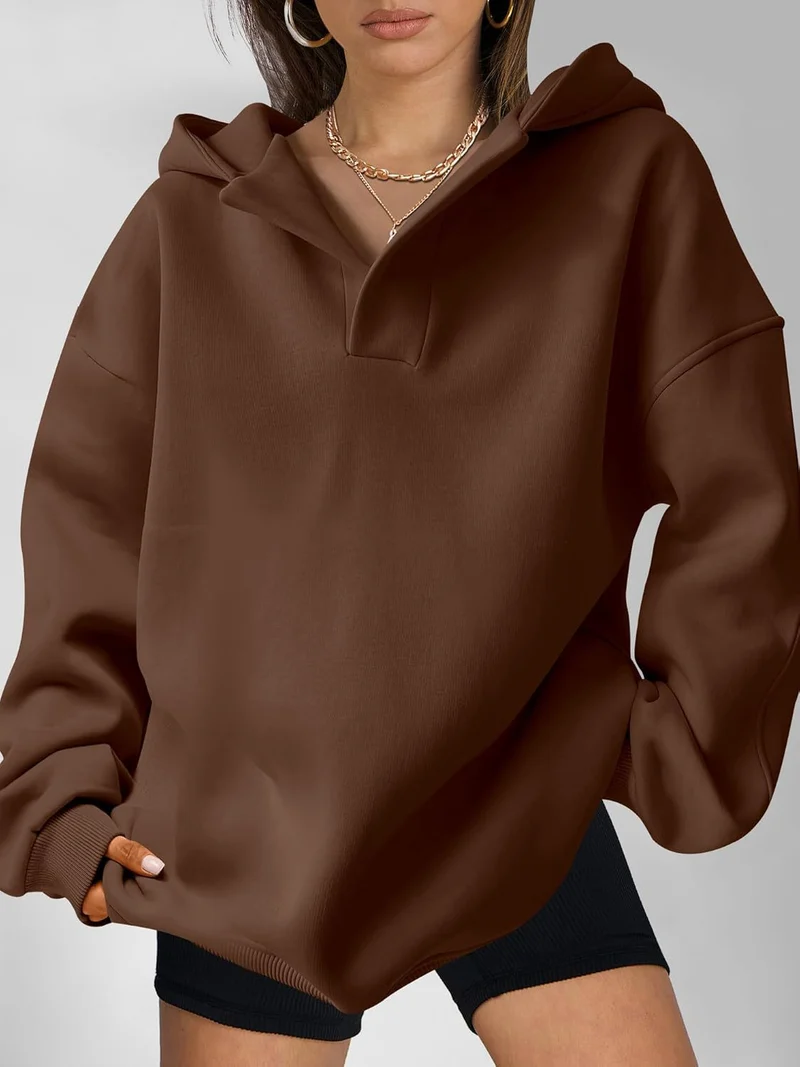Damen Kapuzensweater mit übergroßem Schnitt und V-Ausschnitt