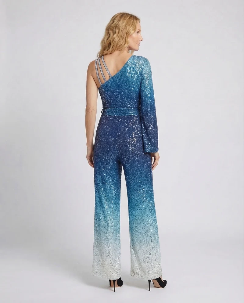 Damen Abend Jumpsuit Pailletten Ein-Schulter