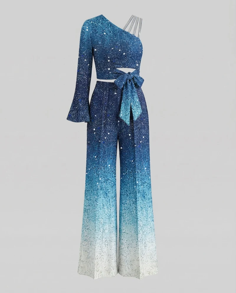 Damen Abend Jumpsuit Pailletten Ein-Schulter