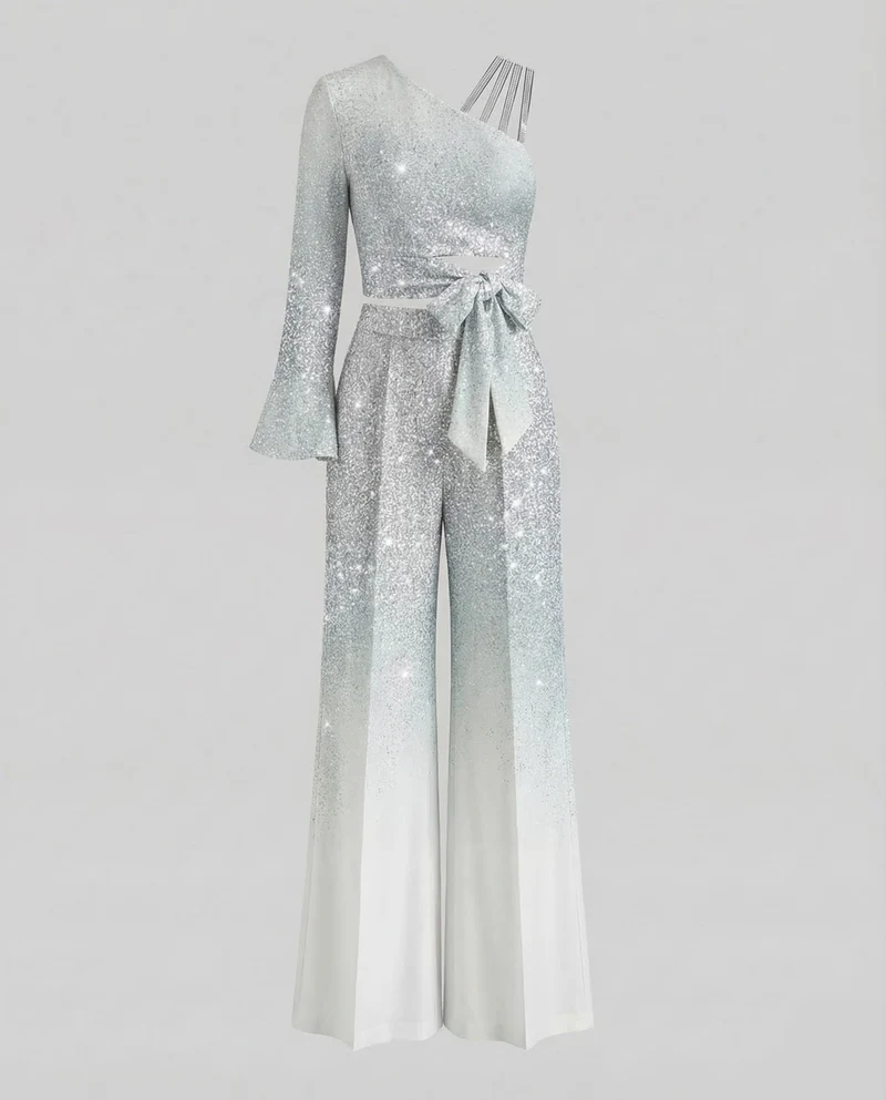 Damen Abend Jumpsuit Pailletten Ein-Schulter