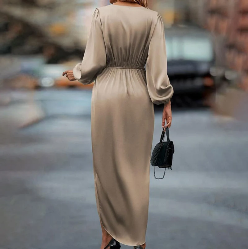 Damen elegantes Satin-Midikleid mit Twist-Taille V-Ausschnitt und Ballonärmeln