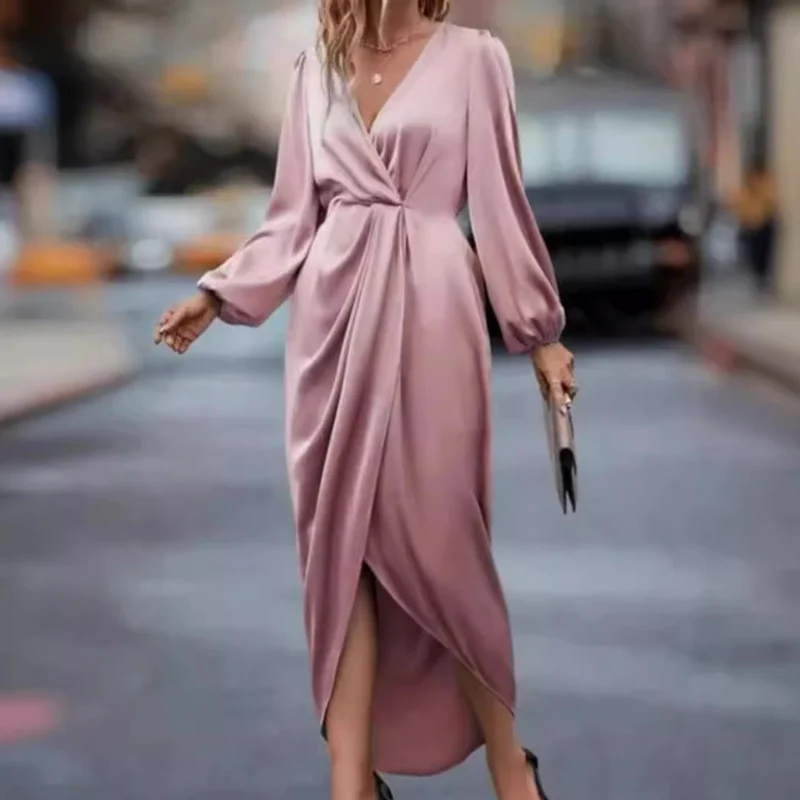 Damen elegantes Satin-Midikleid mit Twist-Taille V-Ausschnitt und Ballonärmeln